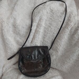 Glossy Brown & Black Faux Snakeskin Crossbody Bag Compact Club